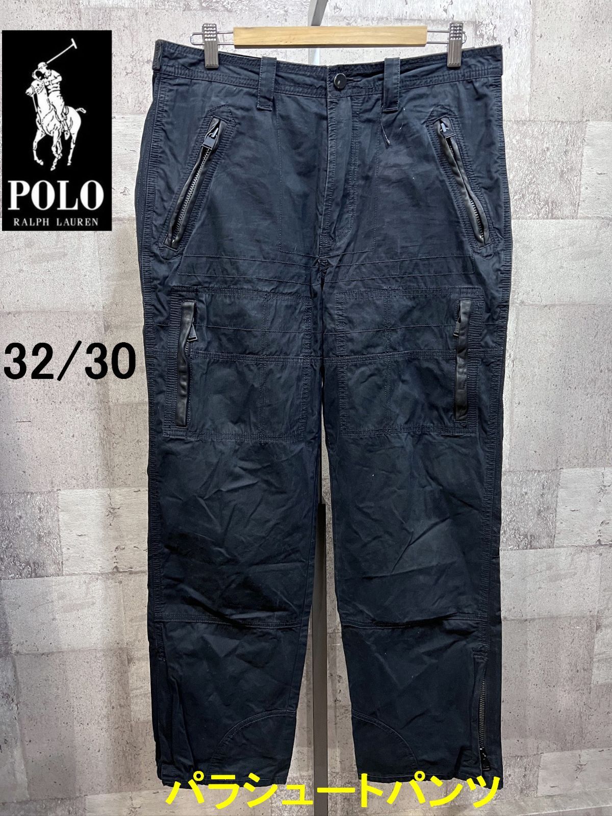 ポロラルフローレン レザートリム パラシュートパンツ 32 30 ブラック ミリタリーパンツ POLO RALPHLAUREN
