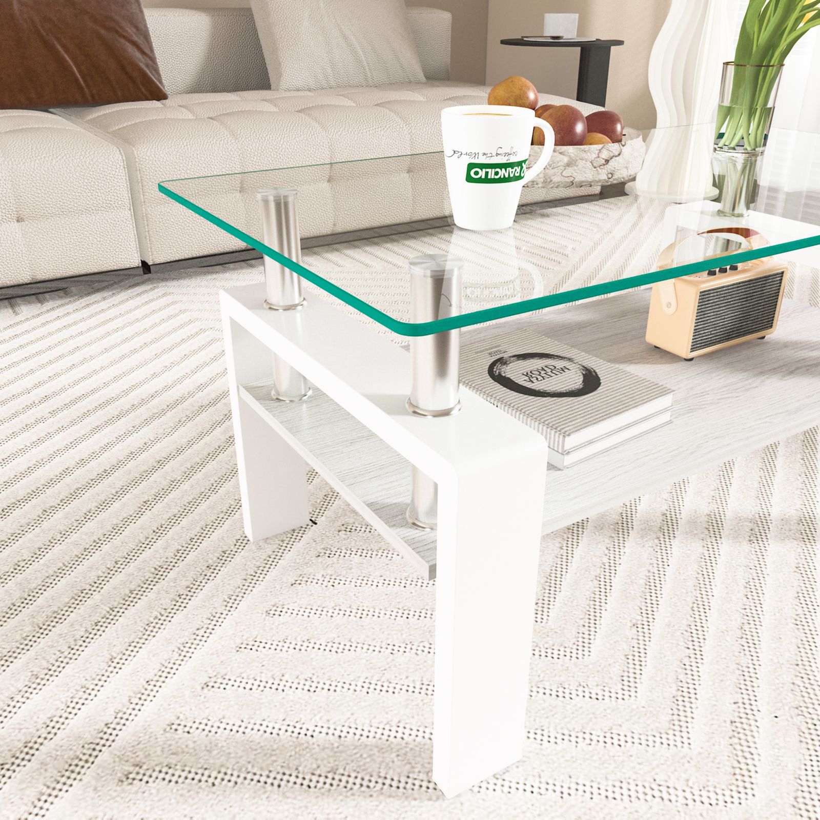 モダン長方形コーヒーテーブル 強化ガラス天板+MDF収納棚 リビング用