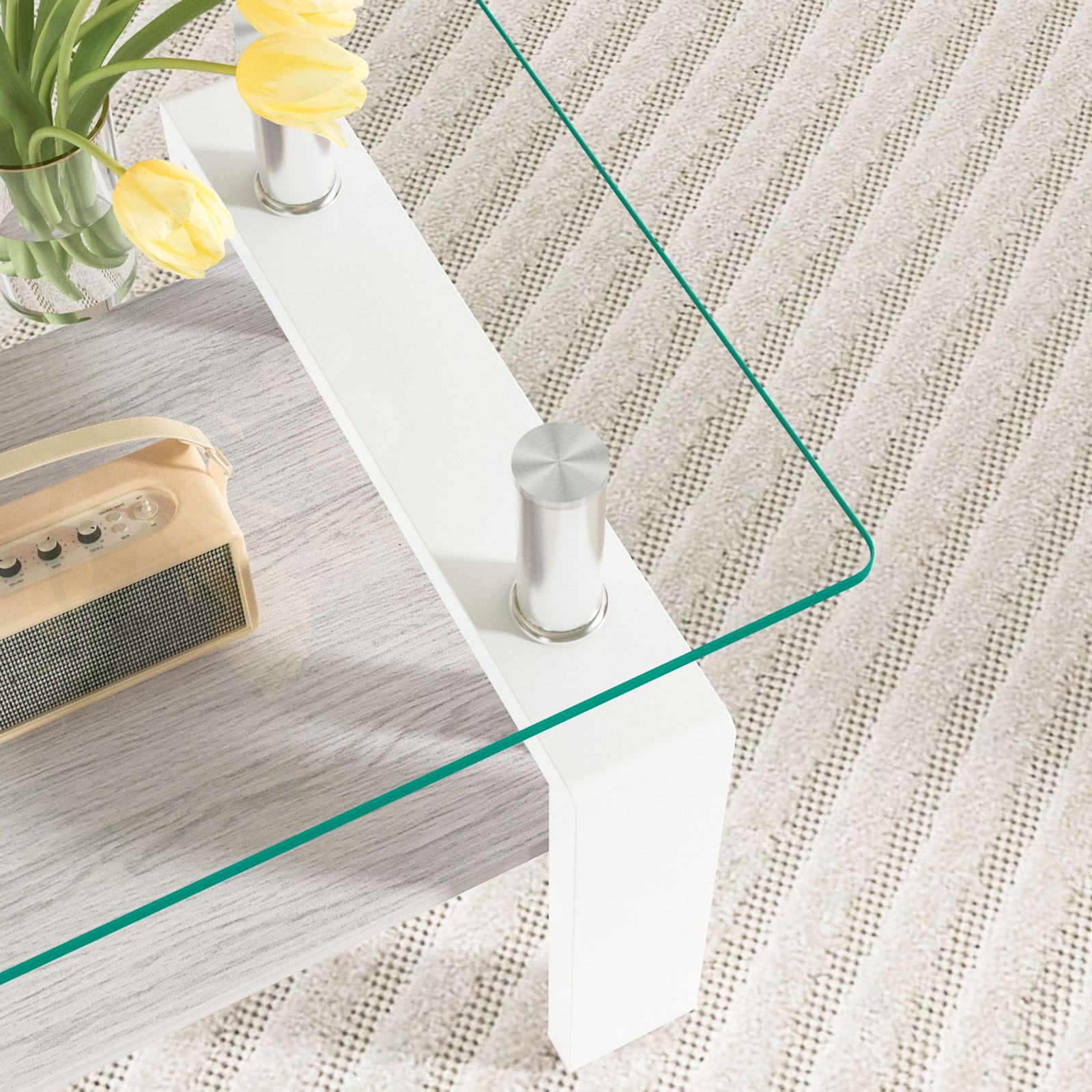 モダン長方形コーヒーテーブル 強化ガラス天板+MDF収納棚 リビング用