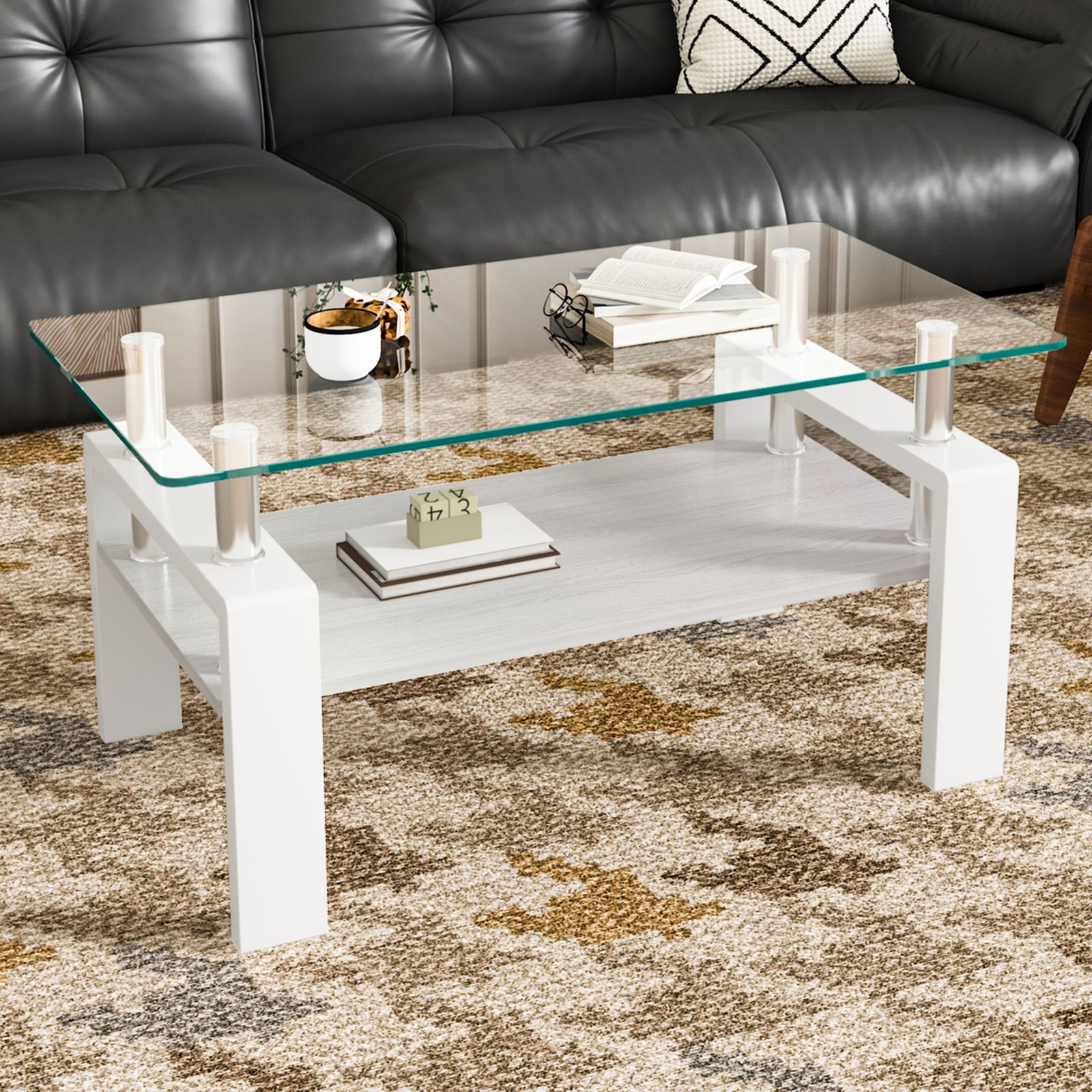 モダン長方形コーヒーテーブル 強化ガラス天板+MDF収納棚 リビング用