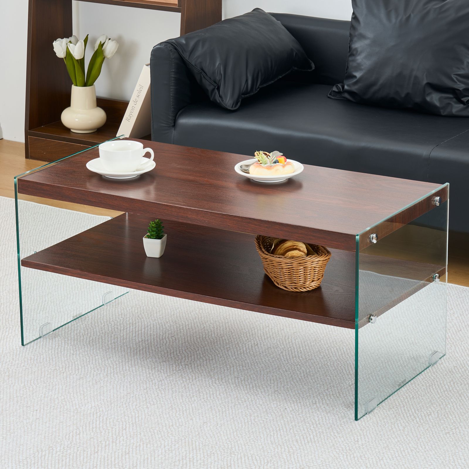 リビングテーブル センターテーブル コーヒーテーブル ローテーブル 収納 モダン長方形MDF天板×強化ガラス脚 ダークブラウン