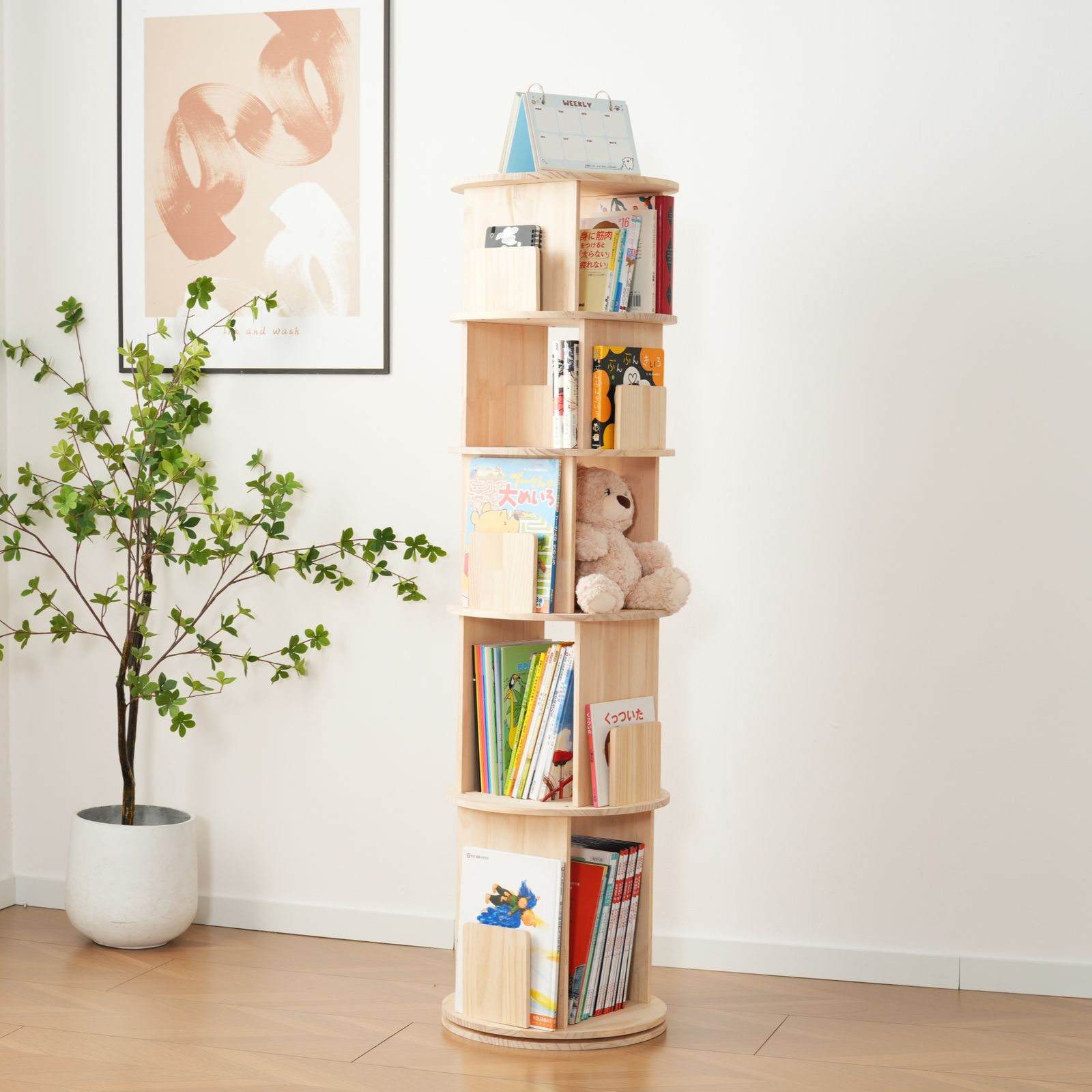 5段-回転盤-マルチ高さ-タイプB】無垢材 回転式本棚 飾り棚 絵