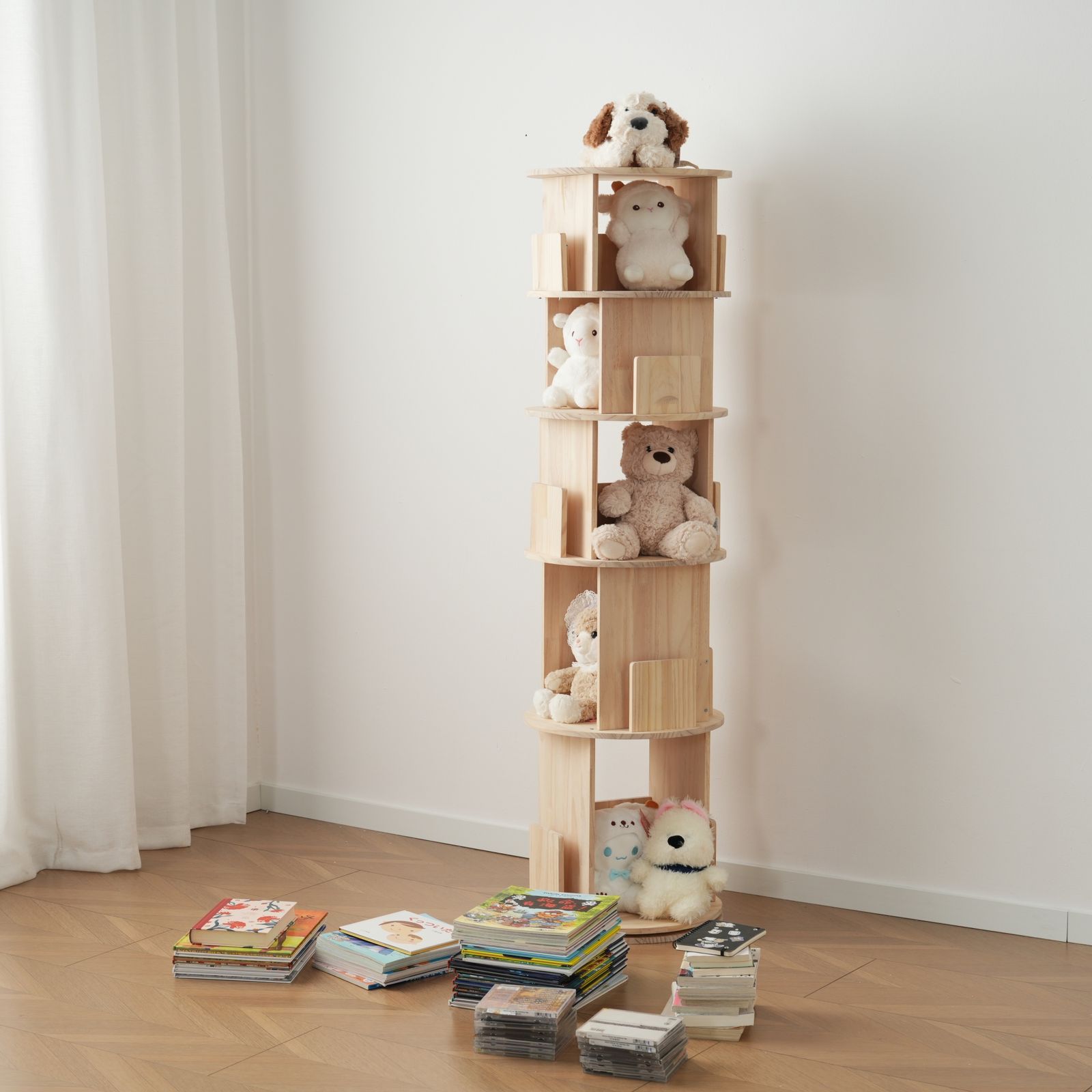 5段-回転盤-マルチ高さ-タイプB】無垢材 回転式本棚 飾り棚 絵