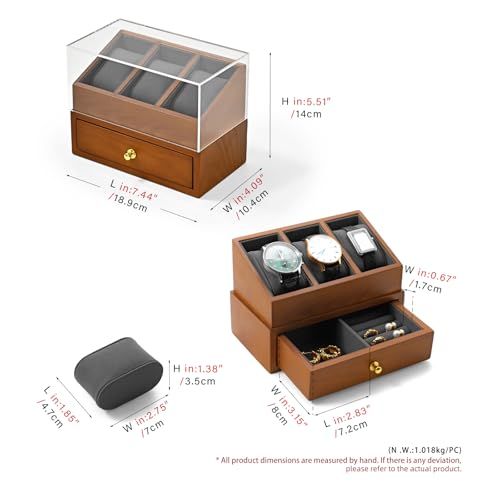 Oirlv 時計ケース 木製 腕時計 ケース 3本 2段式 引き出し付き 時計収納ボックス 持ち運び おしゃれ 適格請求書に対応 X07302 ダークグレー 923954e2