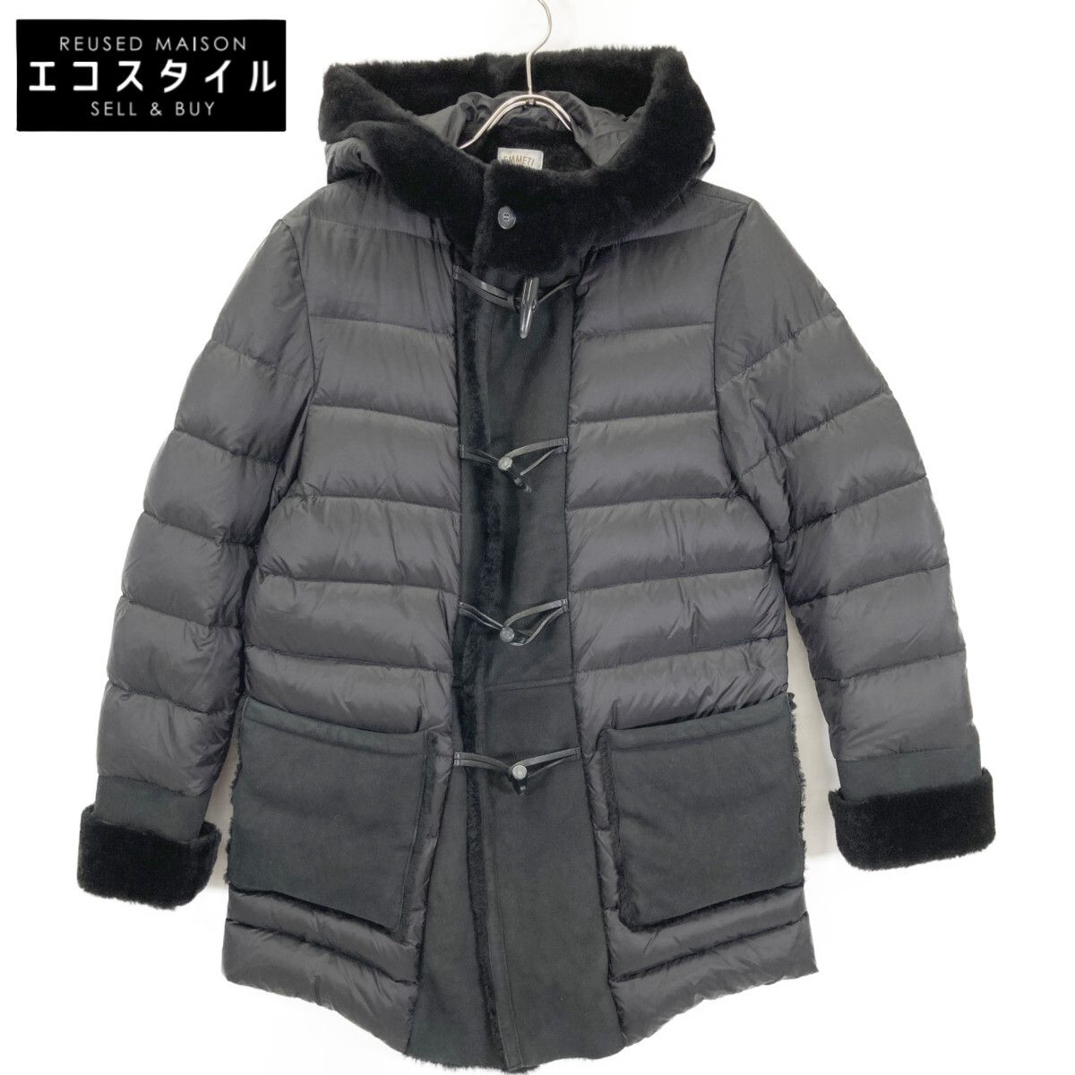 EMMETI エンメティー ﾌﾞﾗｯｸ ﾅｲﾛﾝ×ｽｴｰﾄﾞ ﾑｰﾄﾝﾀﾞｳﾝ ﾀﾞｯﾌﾙｺｰﾄ 50