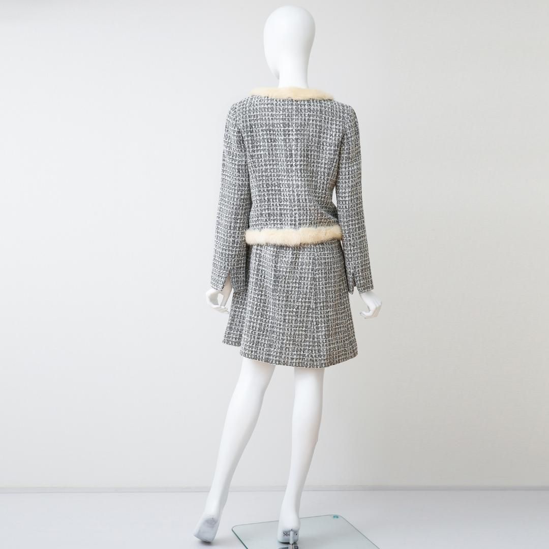  ハロッズ セレモニー M グレー ラメ糸入り ミンクファー付 ノースリーブ ミニワンピース