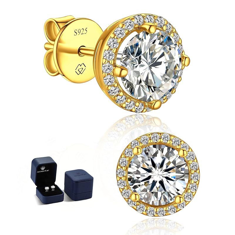 MomentWish ピアス レディース メンズ 18金 ピアス モアサナイト 1-2ct D 金属アレルギー対応 男女兼用 Halo ゴールド ダイヤモンド イヤリング シンプル 人気 プレゼント