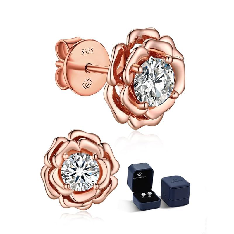 MomentWish モアサナイト ピアス レディース バラ シルバー925 ピンクゴールド 金属アレルギー対応 おしゃれ 薔薇 イヤリング 1カラット モアッサナイト プレゼント 母の日 誕生日 記念日