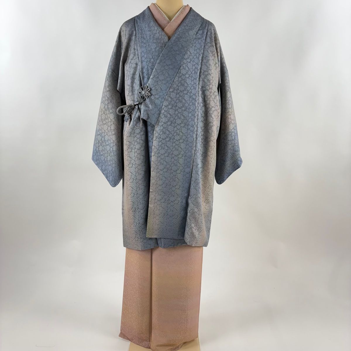 道中着 身丈96 cm 裄丈63 S 和装コート着物衿 草花 ぼかし 青灰色 正絹 秀品