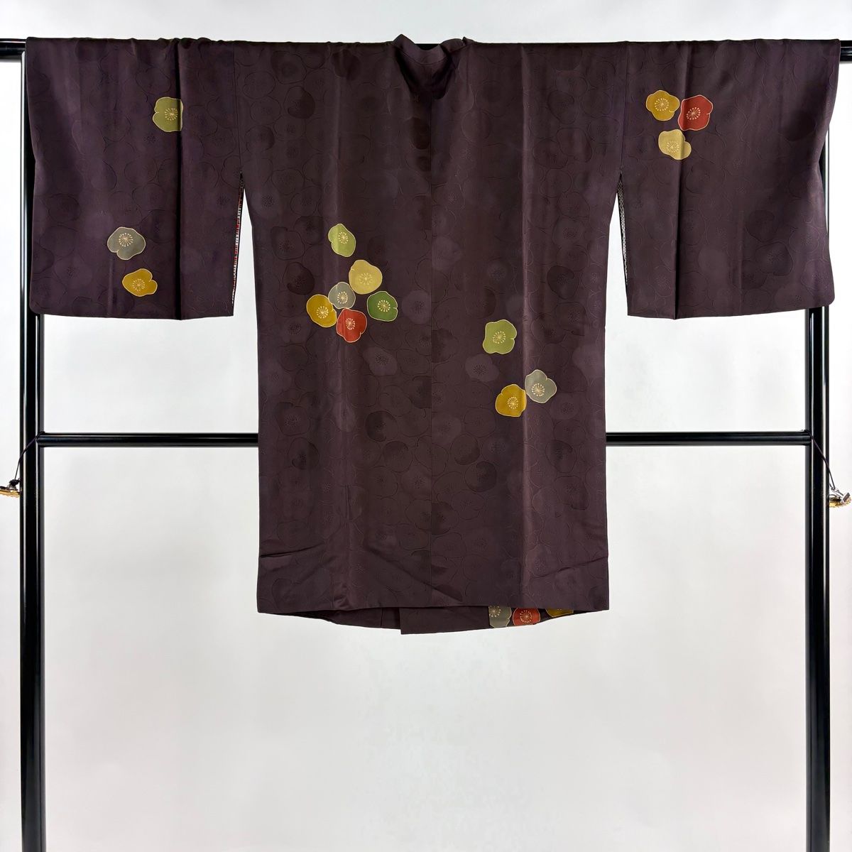 道行 身丈93 cm 裄丈69 L 和装コート 角衿 梅 地紋 金彩 茶紫 正絹 秀品