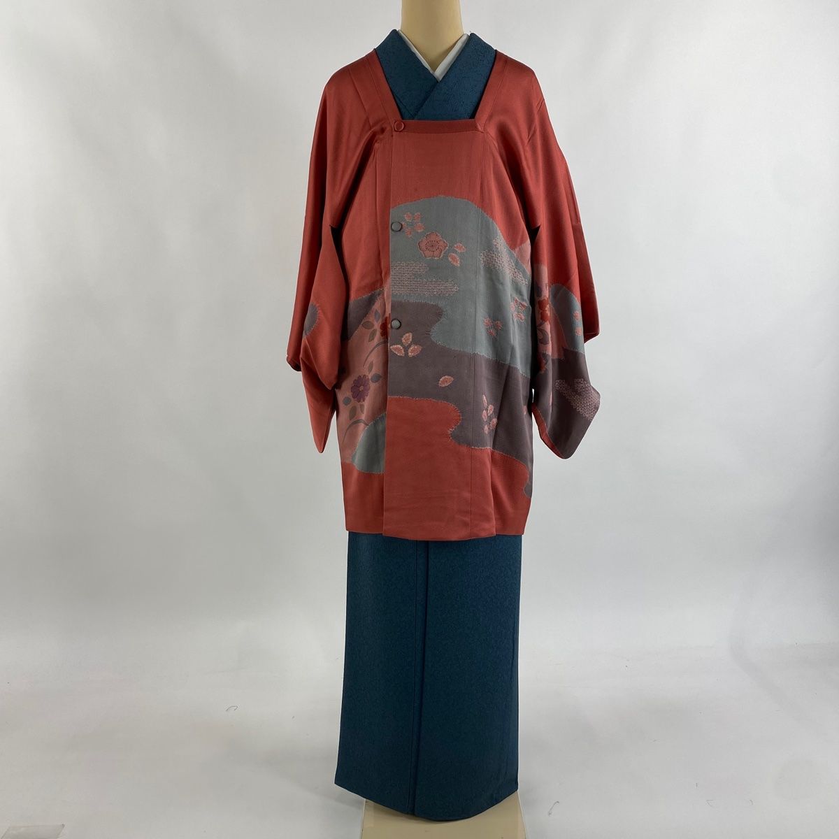 道中着 身丈87 cm 裄丈61 5 S 和装コート 角衿 霞 草花 絞り 濃ピンク 正絹 秀品