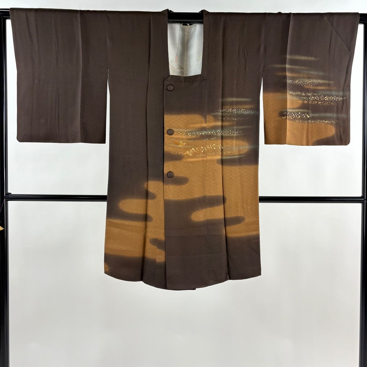 道行 身丈91 cm 裄丈62 5 S 和装コート 角衿 霞 萩 金彩 箔 焦茶色 正絹 秀品