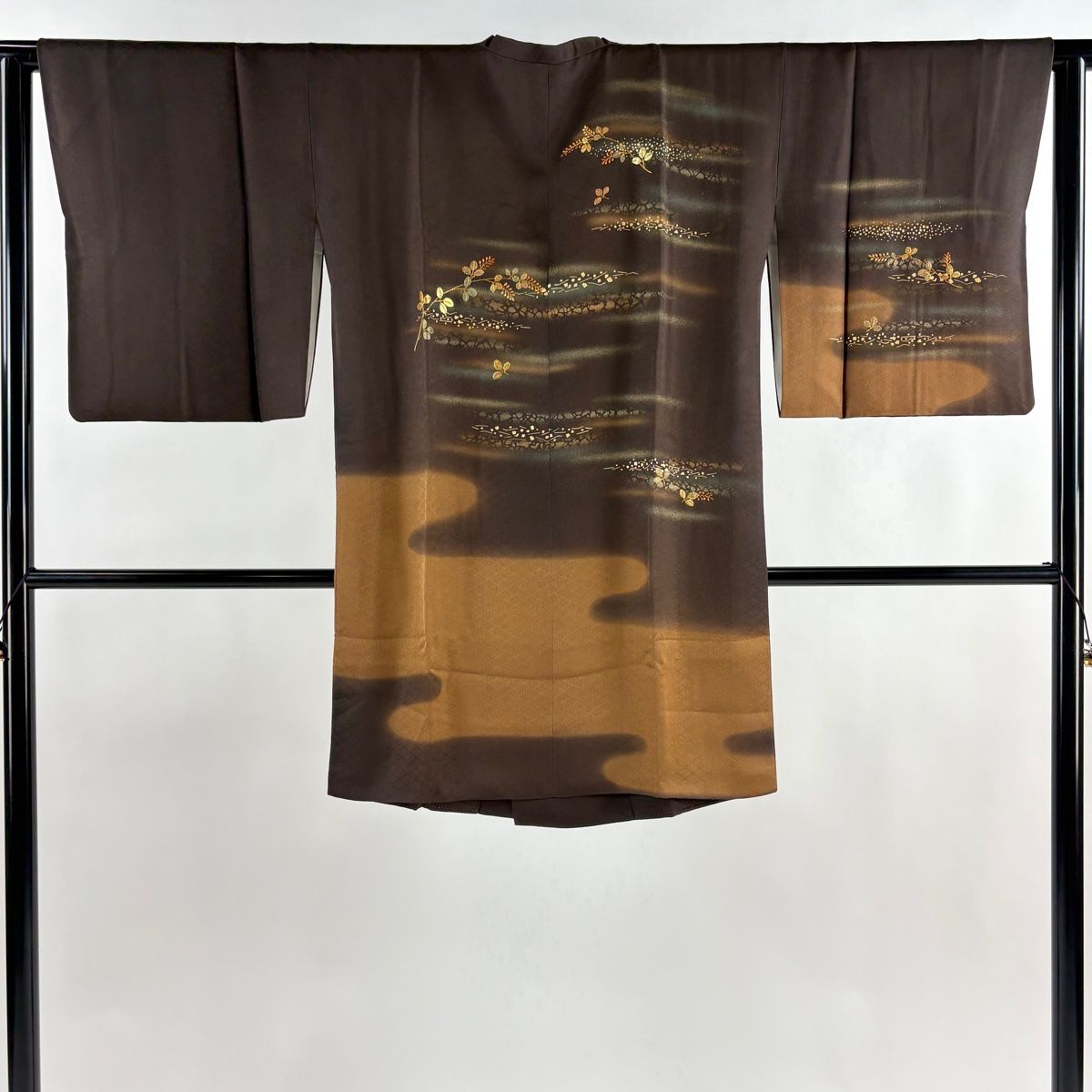 道行 身丈91 cm 裄丈62 5 S 和装コート 角衿 霞 萩 金彩 箔 焦茶色 正絹 秀品