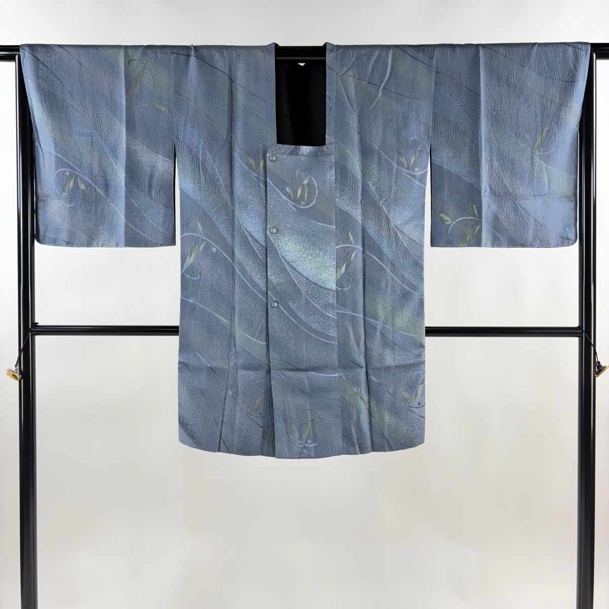  道行 身丈90 cm 裄丈66.5 M 和装コート 角衿 葉 幾何学模様 青灰色 正絹 秀品 羽織 着物 浴衣