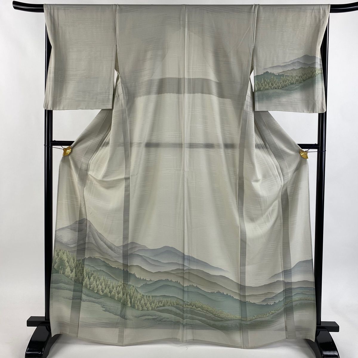 訪問着 身丈165 cm 裄丈68 L 薄物 絽 山並み 樹木 ぼかし 灰緑 正絹 秀品