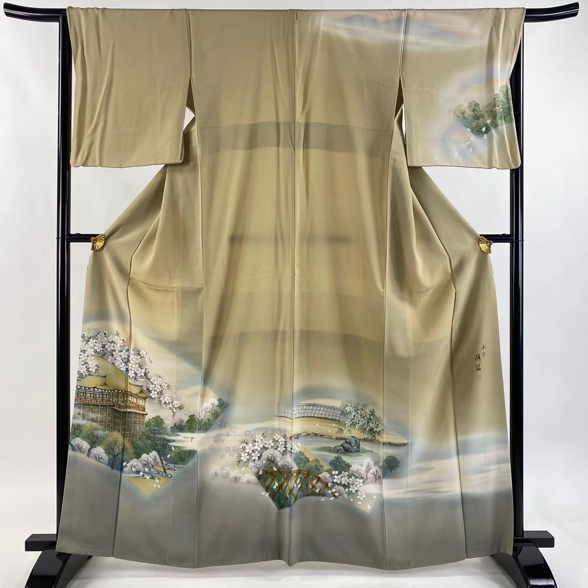 訪問着 身丈164 cm 裄丈66 M 袷 落款 清水寺 桜 ぼかし 薄黄土色 正絹 秀品