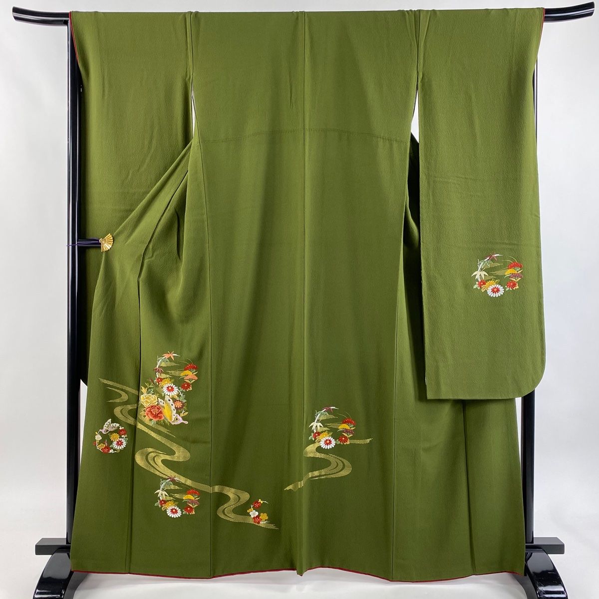 振袖 身丈162.5cm 裄丈68cm L 袷 蝶 花丸文 金銀糸 刺繍 鶯色 正絹 秀