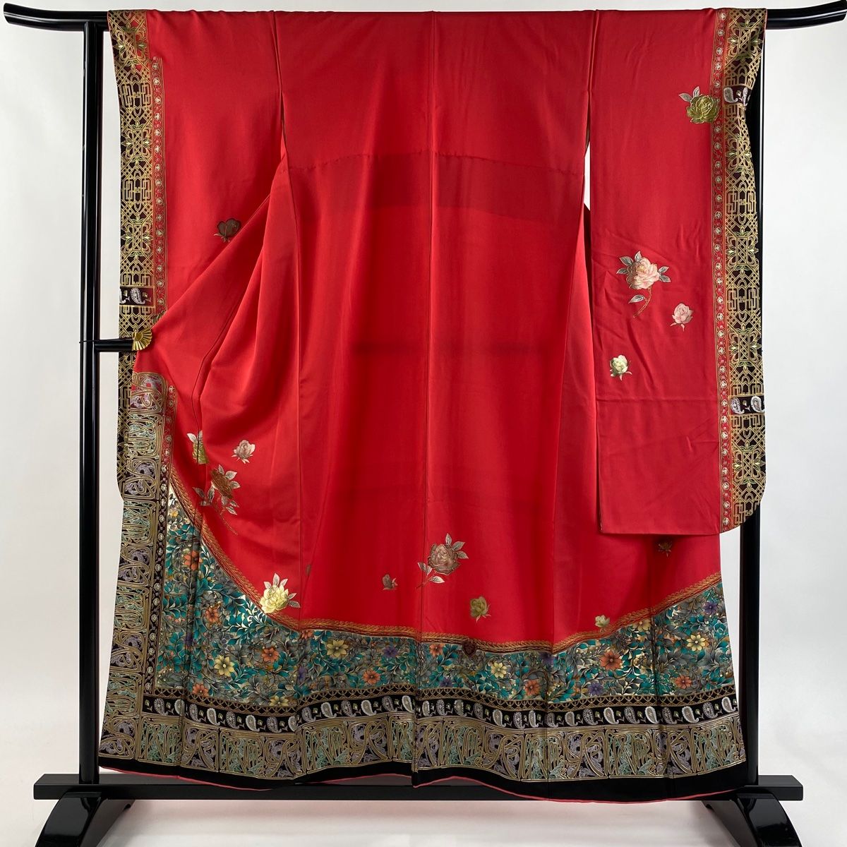 振袖 身丈156 cm 裄丈66 M 袷 薔薇 花唐草 金銀彩 濃ピンク 正絹 秀品