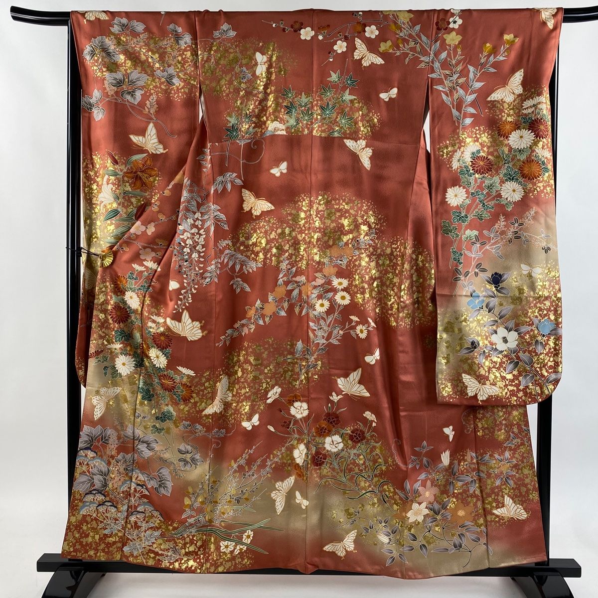 振袖 身丈158 cm 裄丈67 M 袷 蝶 菊 金糸 金彩0 ピンク 正絹 秀品