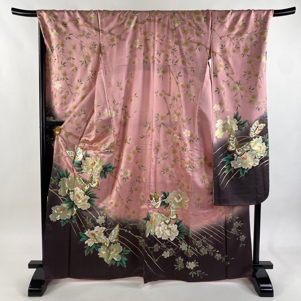 振袖 身丈167.5 cm 裄丈71 L 袷 蝶 草花 金銀彩 ぼかし ピンク 正絹 秀品