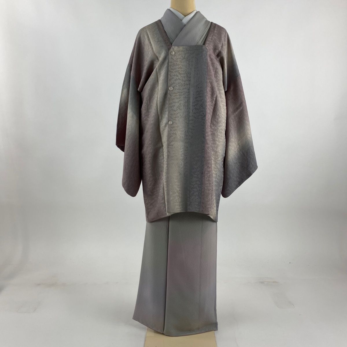 道行 身丈86 cm 裄丈66 M 和装コート 角衿 地紋 縦ぼかし 灰茶 正絹 秀品