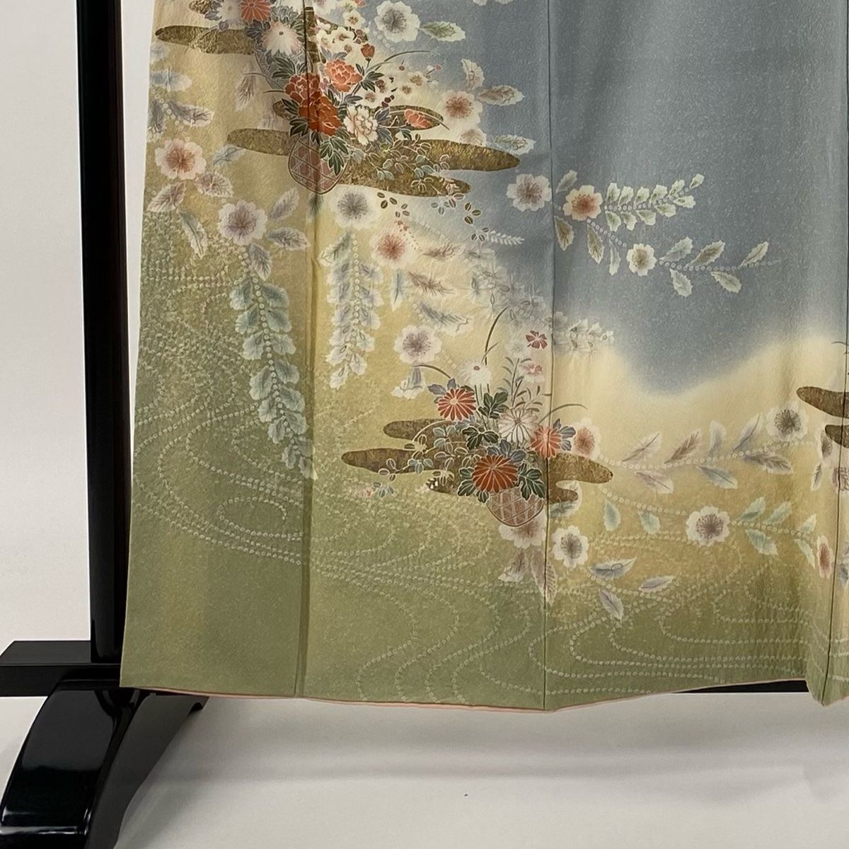 訪問着 身丈161 cm 裄丈63 S 袷 花籠 ヱ霞 金銀彩 絞り 青灰色 正絹 秀品