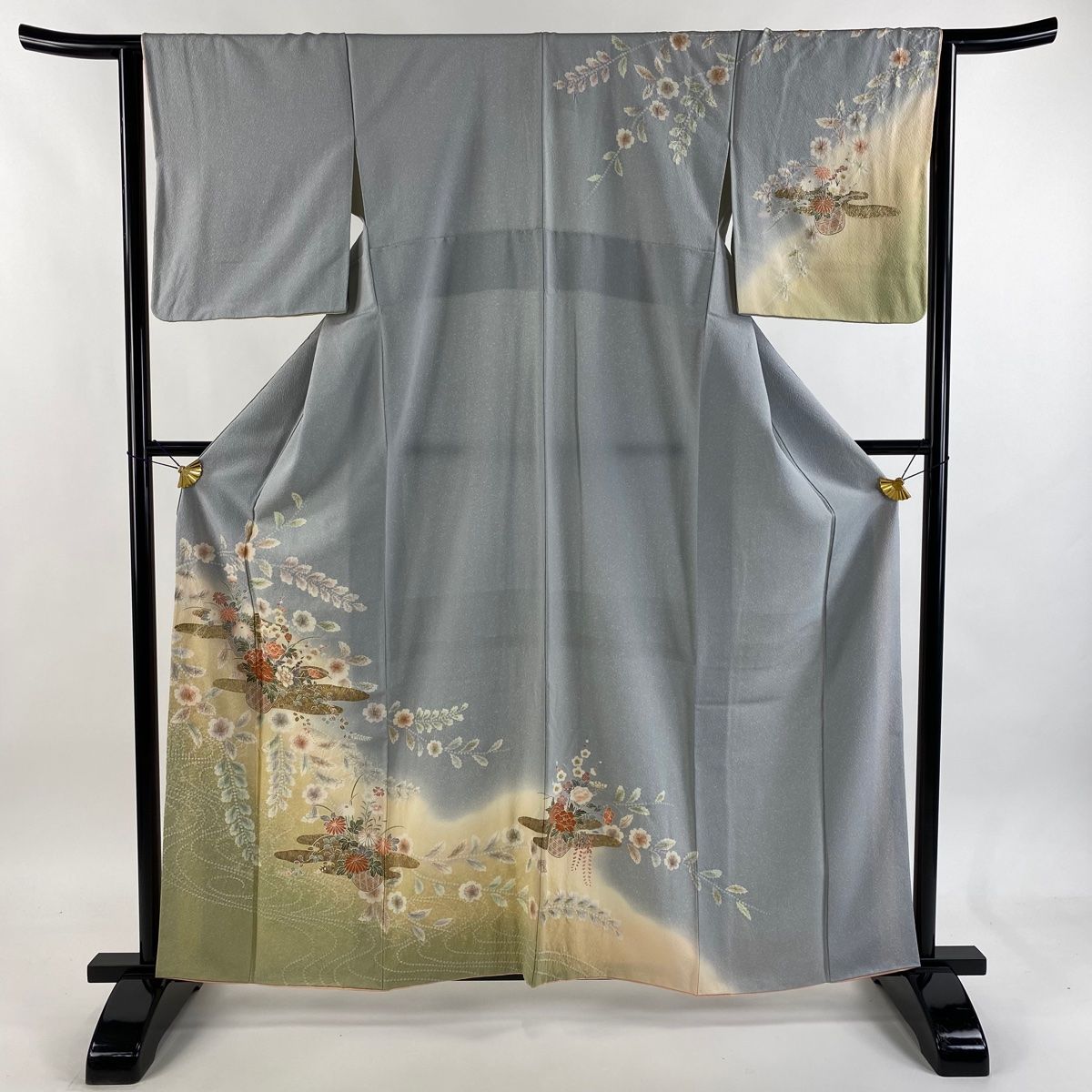 訪問着 身丈161 cm 裄丈63 S 袷 花籠 ヱ霞 金銀彩 絞り 青灰色 正絹 秀品