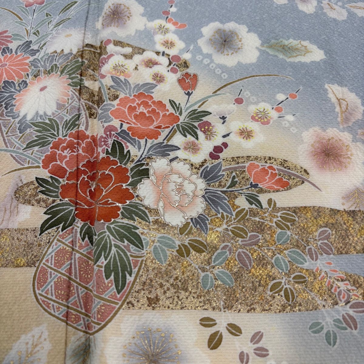  訪問着 身丈161 cm 裄丈63 S 袷 花籠 ヱ霞 金銀彩 絞り 青灰色 正絹 秀品 訪問着 付け下げ 着物