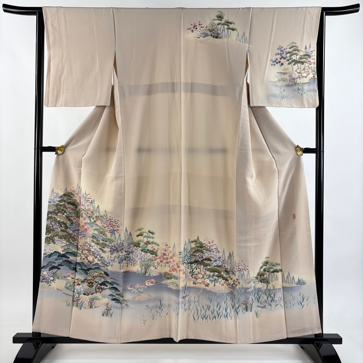 訪問着 身丈157 5 cm 裄丈64 M 袷 落款 風景 松 ぼかし ピンクベージュ 正絹 秀品