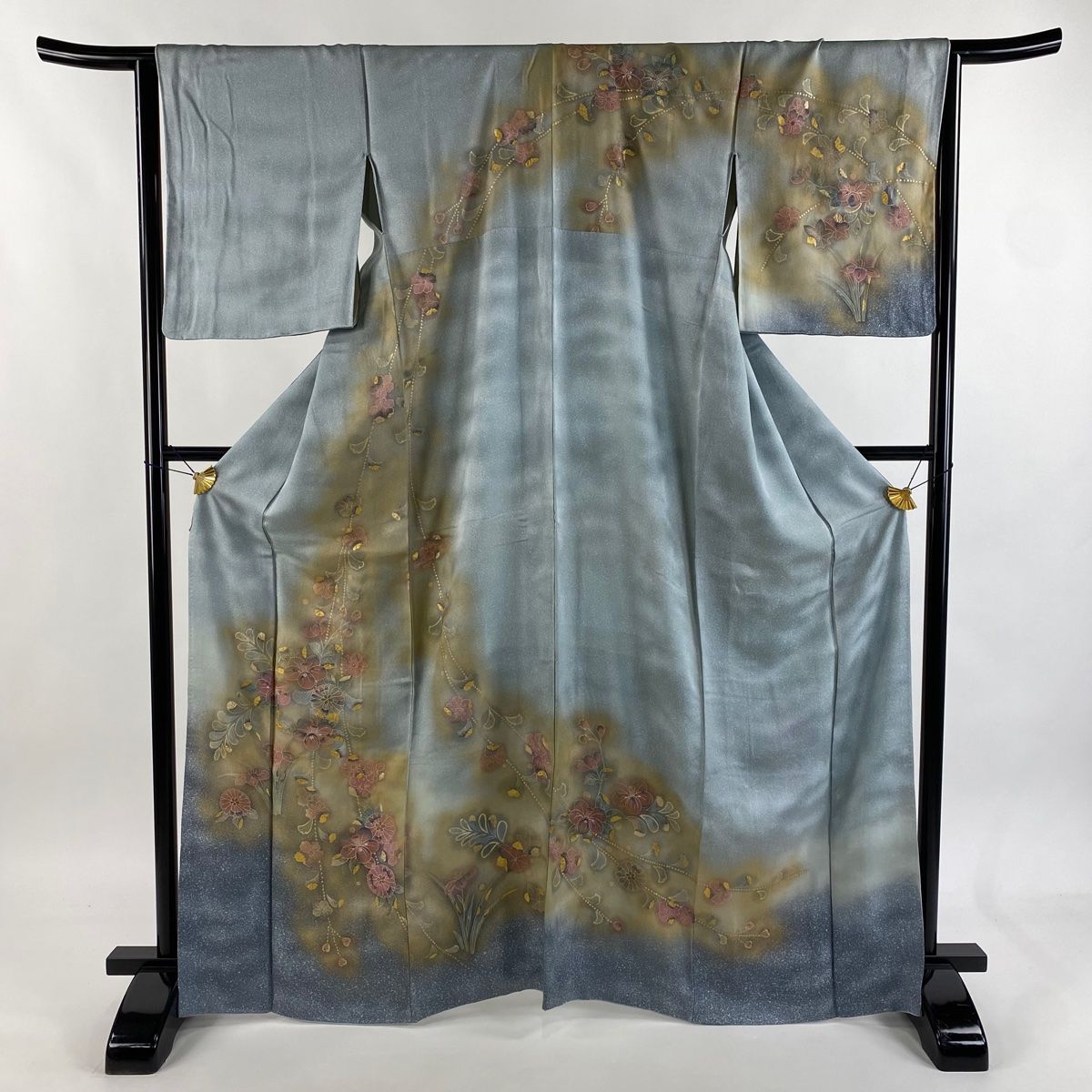 訪問着 身丈166 cm 裄丈65 M 袷 草花 金彩 ぼかし 青灰色 正絹 秀品