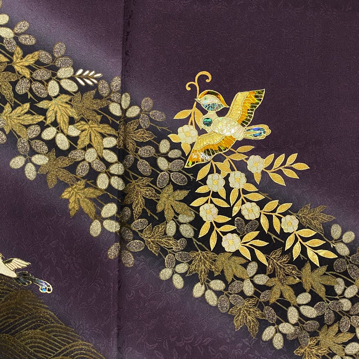  付下げ 身丈165.5 cm 裄丈66 M 袷 花喰い鳥 萩 金彩 紫 正絹 秀品 一つ紋 訪問着 付け下げ 着物