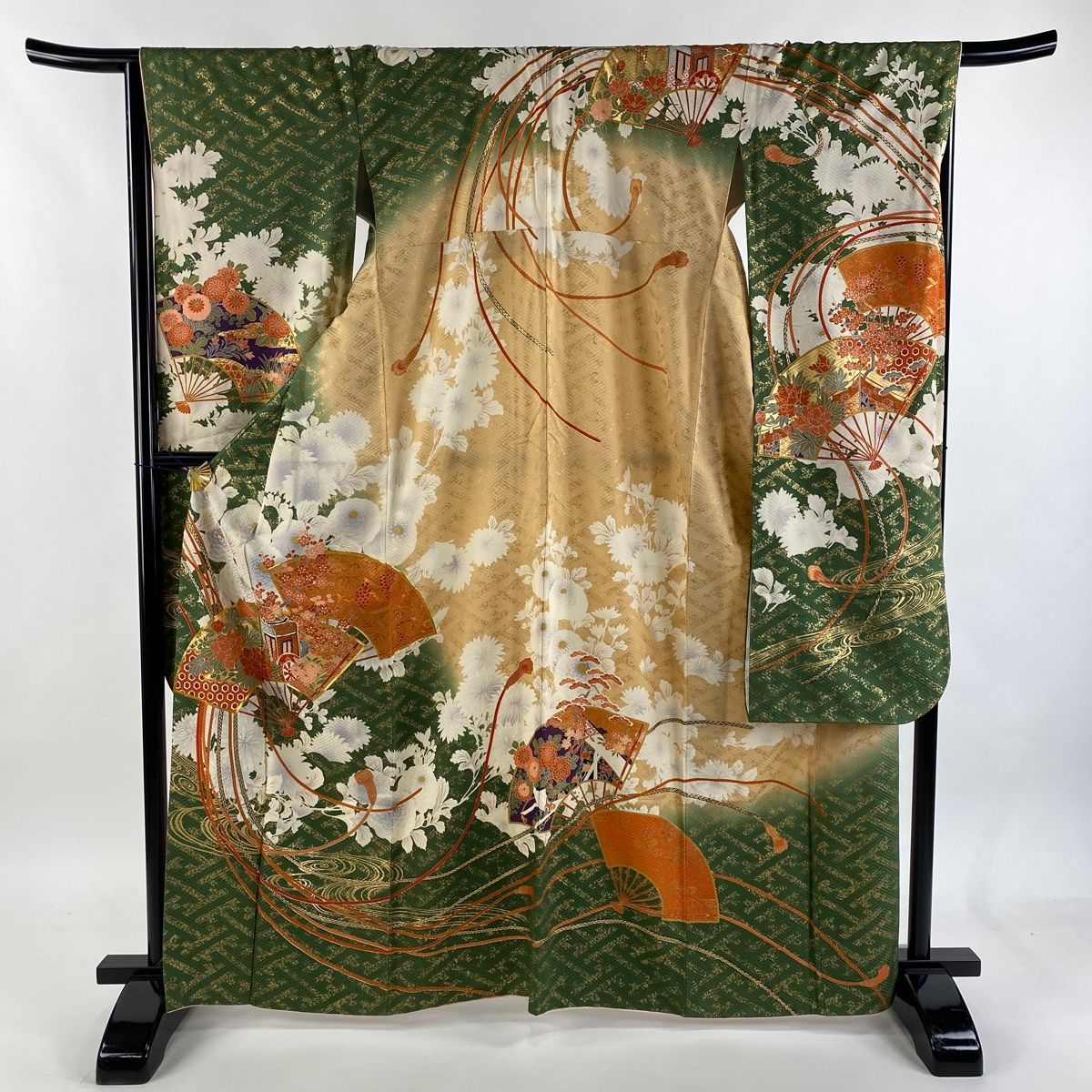 振袖 身丈164 5 cm 裄丈66 M 袷 扇 御所車 金銀糸 金彩 よもぎ色 正絹 秀品