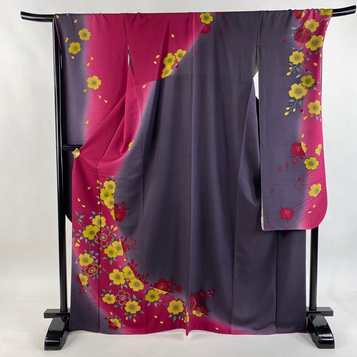 振袖 身丈169 cm 裄丈69.5 L 袷 桜 流水 金糸 金彩 赤紫 正絹 秀品
