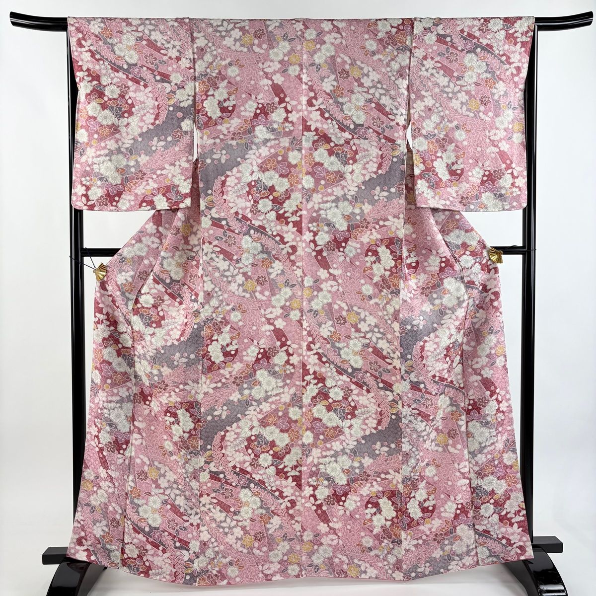 小紋 身丈165 cm 裄丈64.5 M 袷 草花 絞り ピンク 正絹 秀品