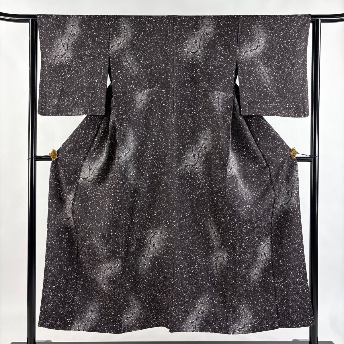 小紋 身丈150 cm 裄丈62 S 単衣 枝花 地紋 焦茶色 正絹 秀品