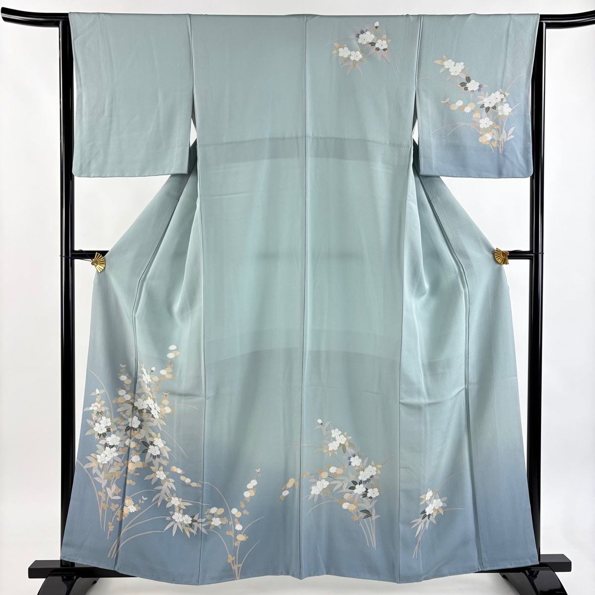 訪問着 身丈160 cm 裄丈63.5 S 袷 草花 染め分け 青灰色 正絹 秀品