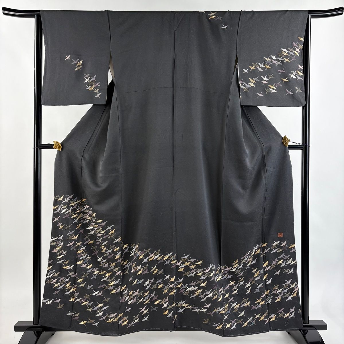 訪問着 身丈159 5 cm 裄丈65 M 袷 鶴 金通し 刺繍 灰色 正絹 秀品