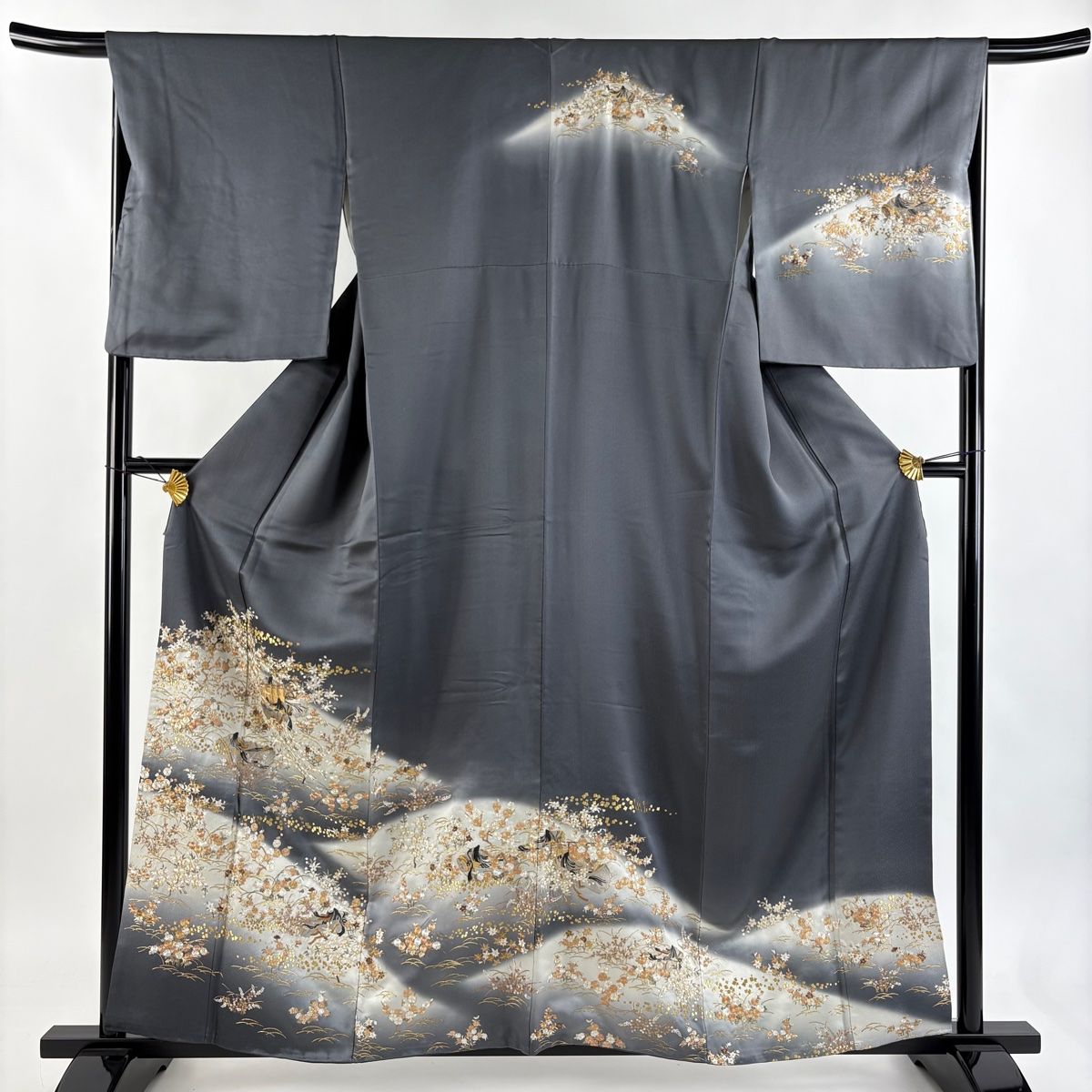 訪問着 身丈160cm 裄丈66.5cm M 袷 人物 枝花 刺繍 金糸 灰色 正絹 秀