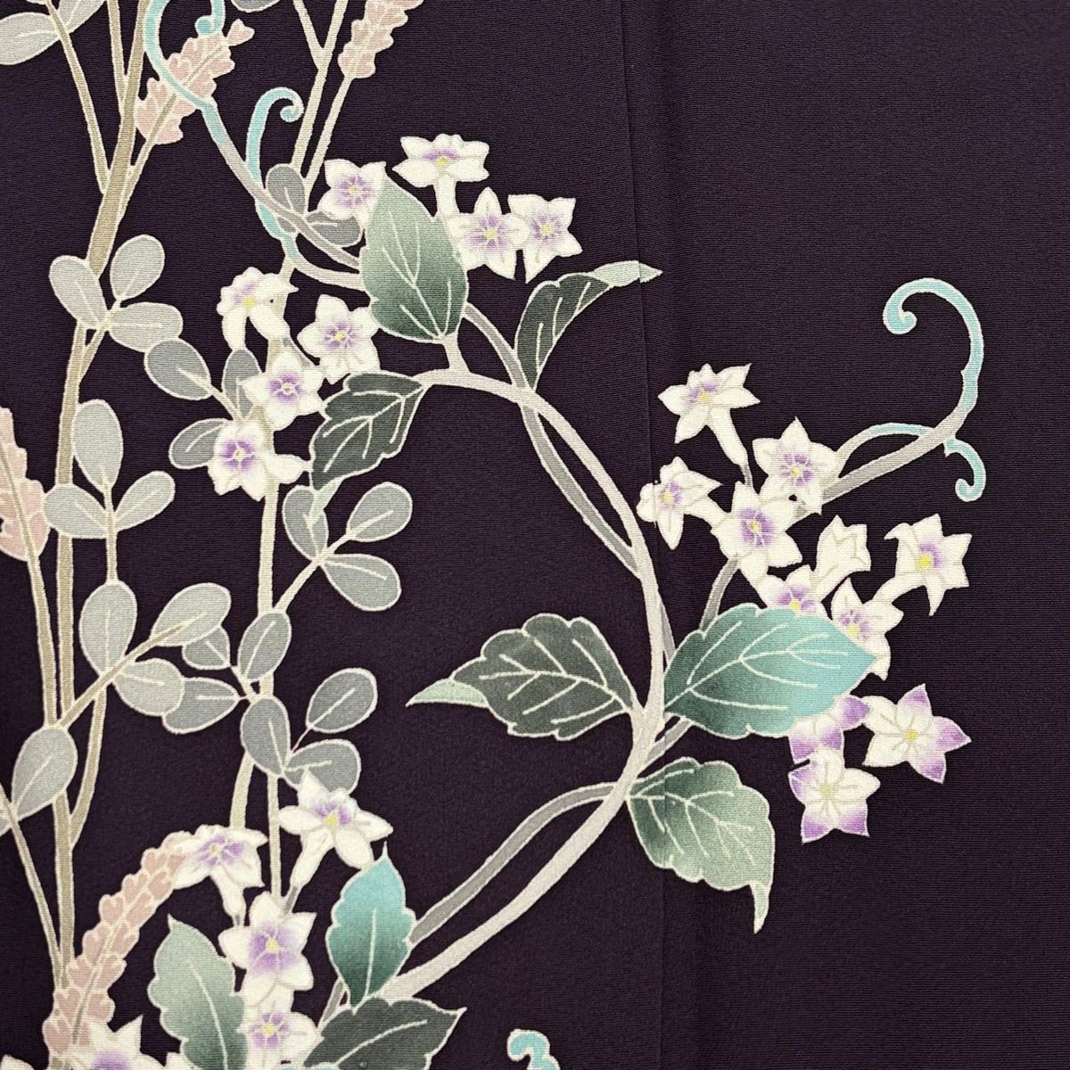  付下げ 身丈156 cm 裄丈66 M 袷 落款 草花 濃紫 正絹 秀品 訪問着 付け下げ 着物