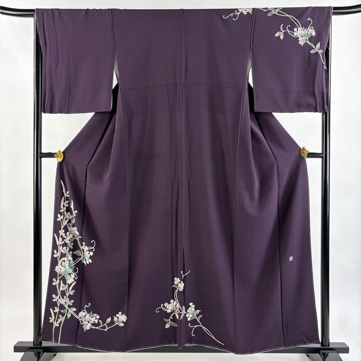 付下げ 身丈156 cm 裄丈66 M 袷 落款 草花 濃紫 正絹 秀品