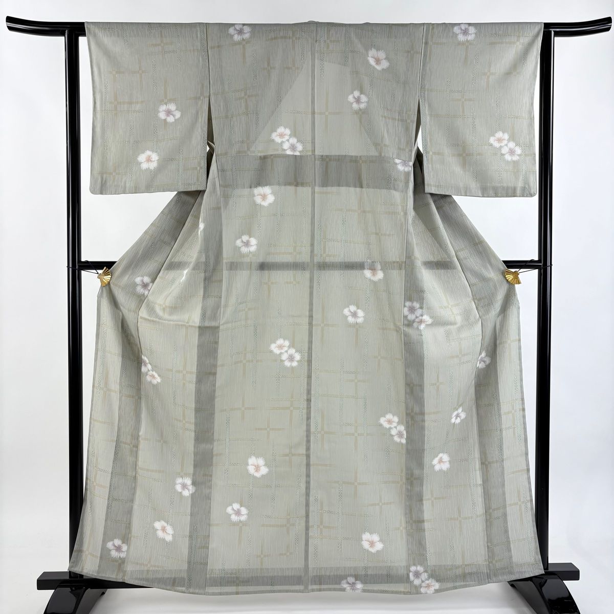 小紋 身丈161 5 cm 裄丈61 S 薄物 花 格子 灰緑 正絹 秀品