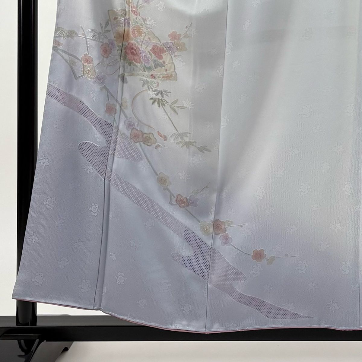 訪問着 身丈156 cm 裄丈63 S 袷 桧扇 草花 刺繍 ぼかし 青灰色 正絹 秀品 一つ紋