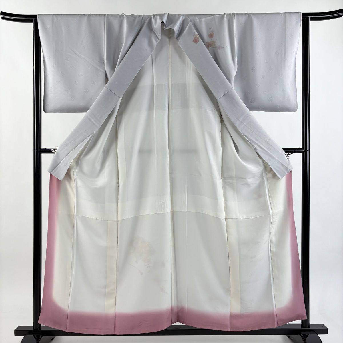  訪問着 身丈156 cm 裄丈63 S 袷 桧扇 草花 刺繍 ぼかし 青灰色 正絹 秀品 一つ紋 訪問着 付け下げ 着物