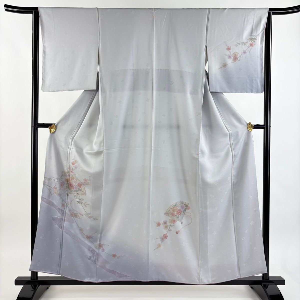 訪問着 身丈156 cm 裄丈63 S 袷 桧扇 草花 刺繍 ぼかし 青灰色 正絹 秀品 一つ紋