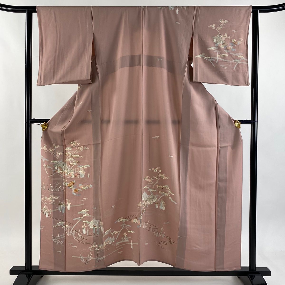 訪問着 身丈158 cm 裄丈61 5 S 単衣 建物 草花 金糸 金彩 ピンク 正絹 秀品 一つ紋