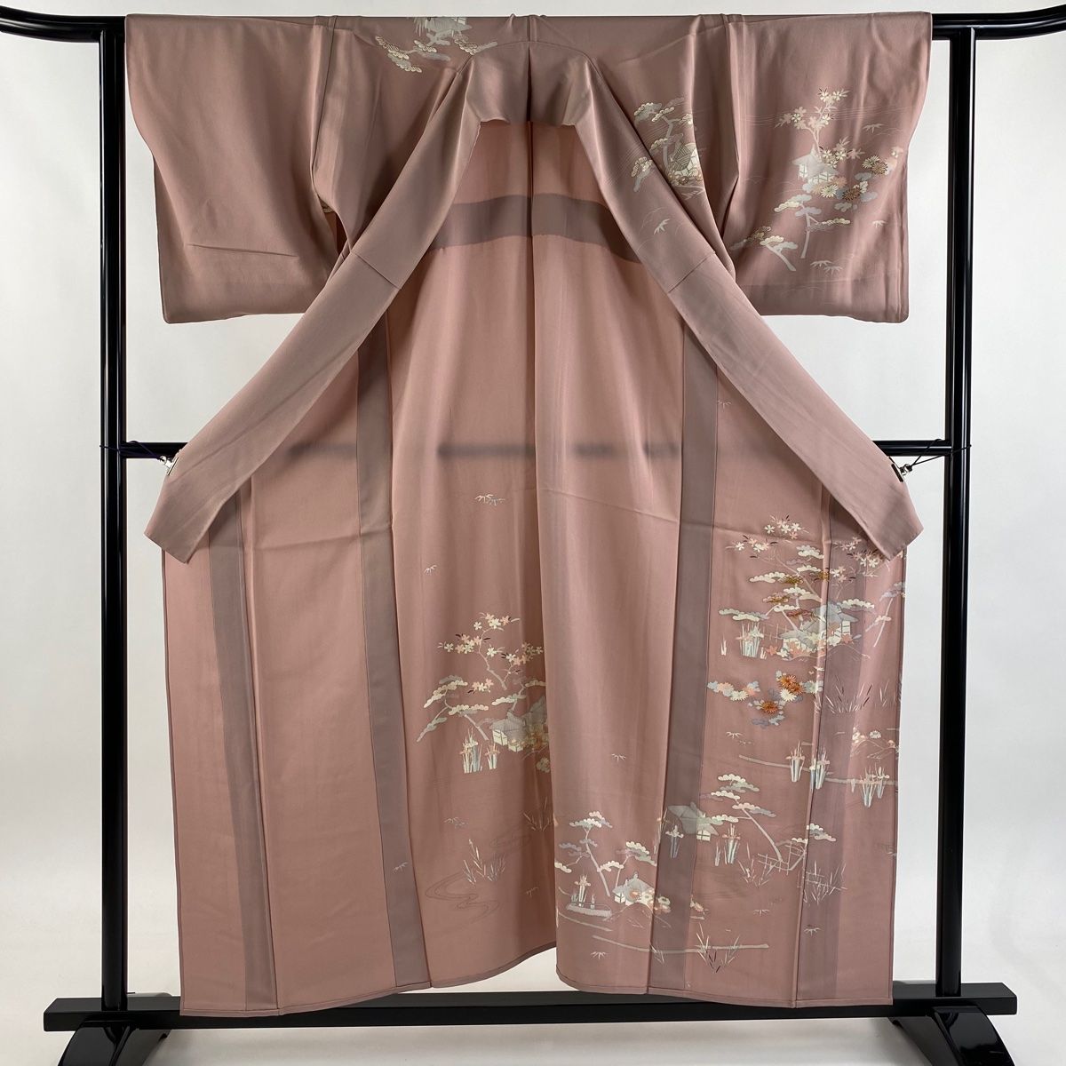  訪問着 身丈158 cm 裄丈61.5 S 単衣 建物 草花 金糸 金彩 ピンク 正絹 秀品 一つ紋 訪問着 付け下げ 着物