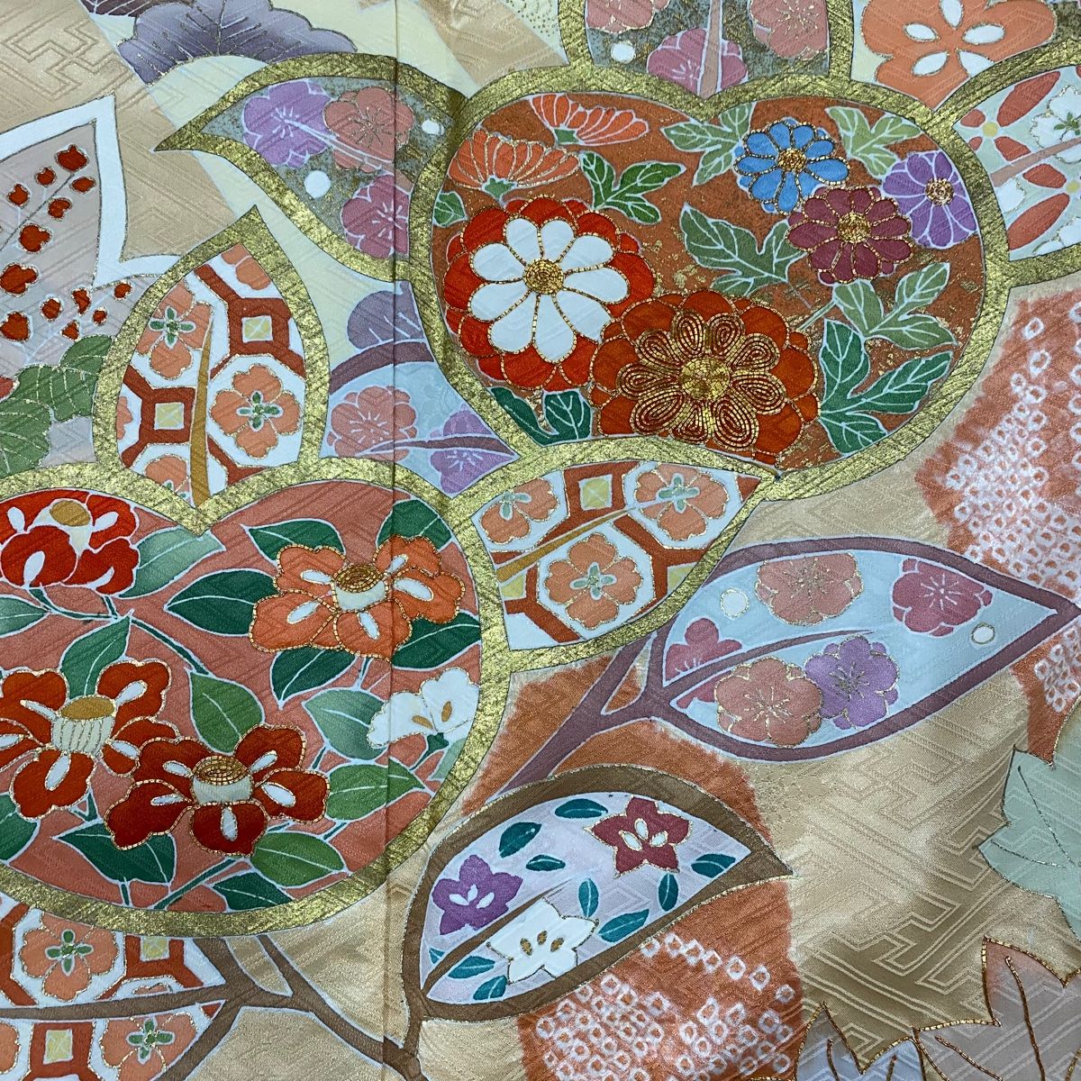  振袖 身丈154 cm 裄丈66 M 袷 橘花 楓 金糸 金彩 薄オレンジ 正絹 秀品 振袖 着物