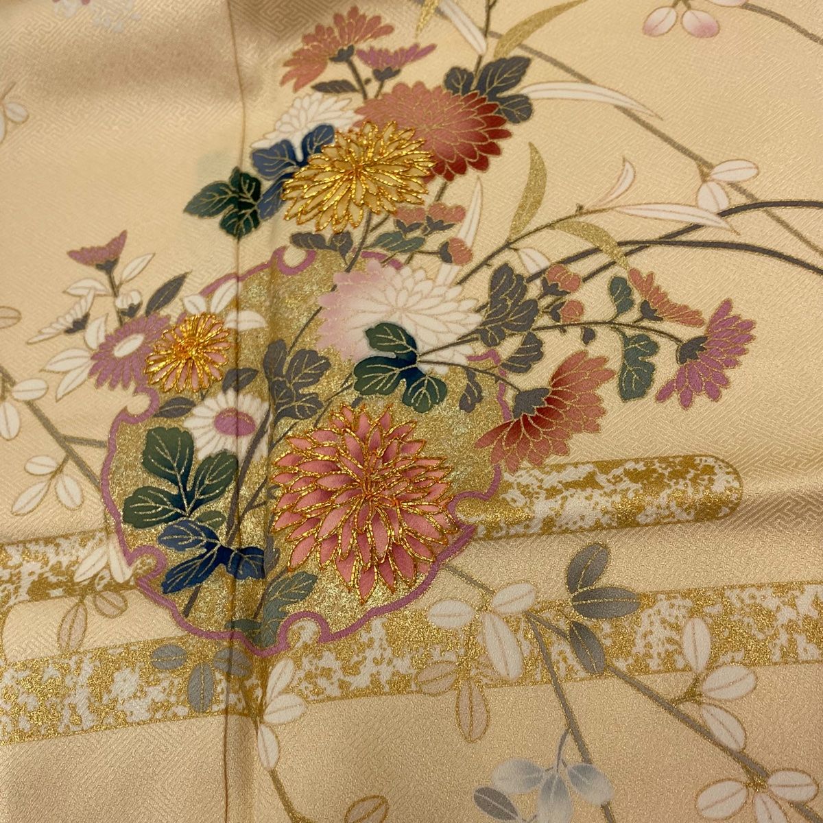  訪問着 身丈168 cm 裄丈69 M 袷 ますいわ屋 草花 雪輪 金糸 金彩 薄オレンジ 正絹 秀品 訪問着 付け下げ 着物