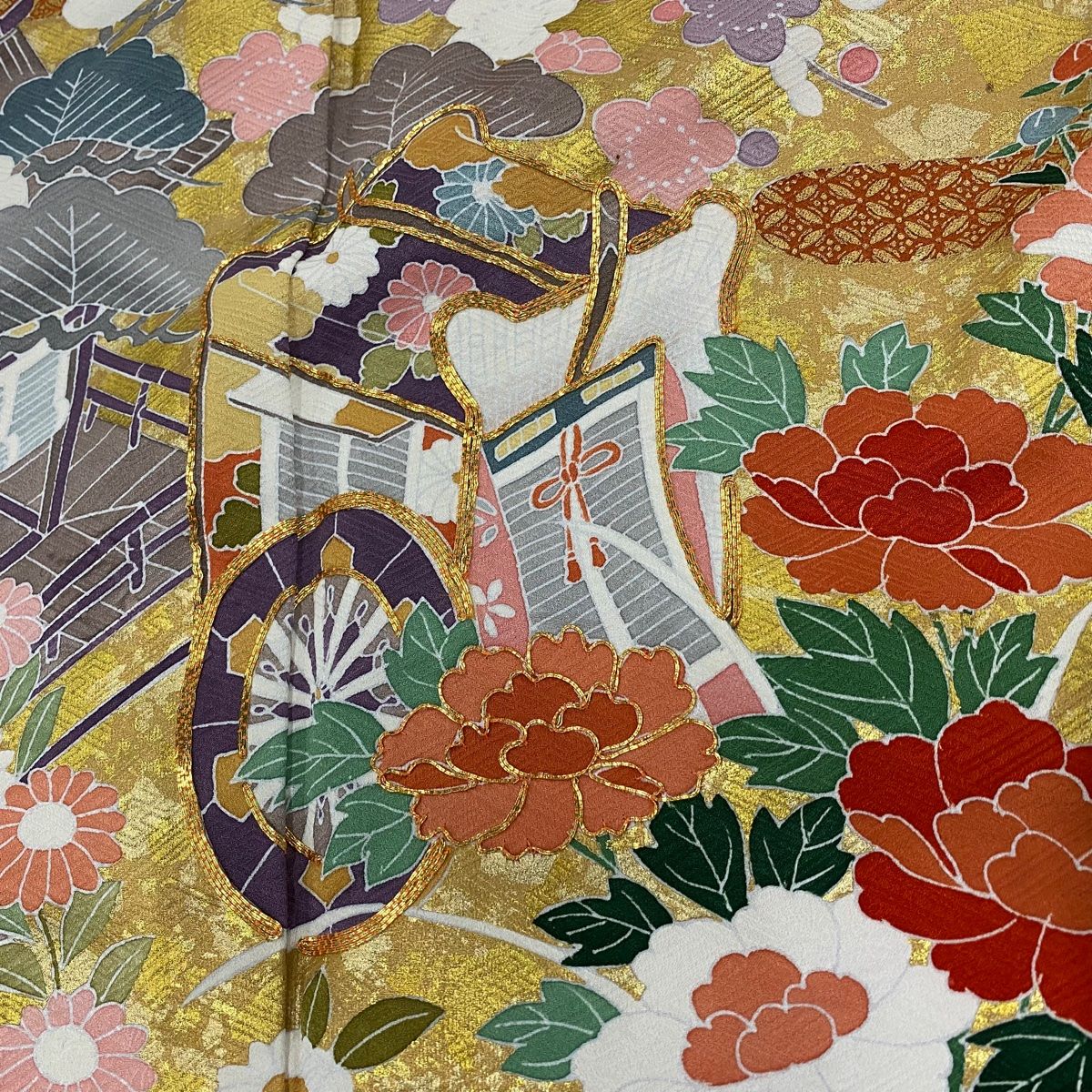  振袖 身丈159 cm 裄丈66 M 袷 御所車 草花 金糸 絞り ピンク 正絹 秀品 振袖 着物