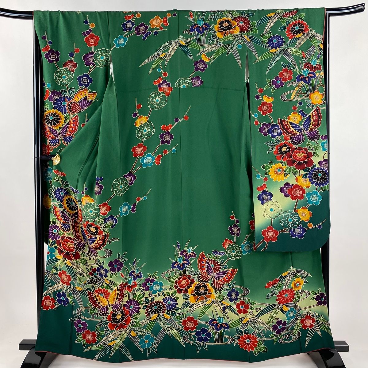 振袖 身丈162.5 cm 裄丈66 M 袷 草花 蝶 ぼかし 緑 正絹